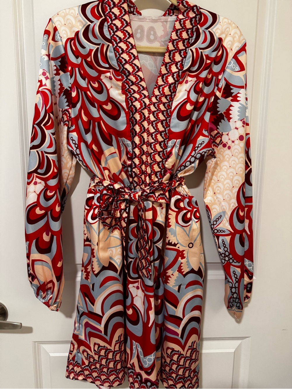 SHEIN Red Cream and Light Blue Printed Wrap Dress with Waist Tie